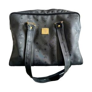 MCM Large Zippered Black Canvas and Leather Tote Bag